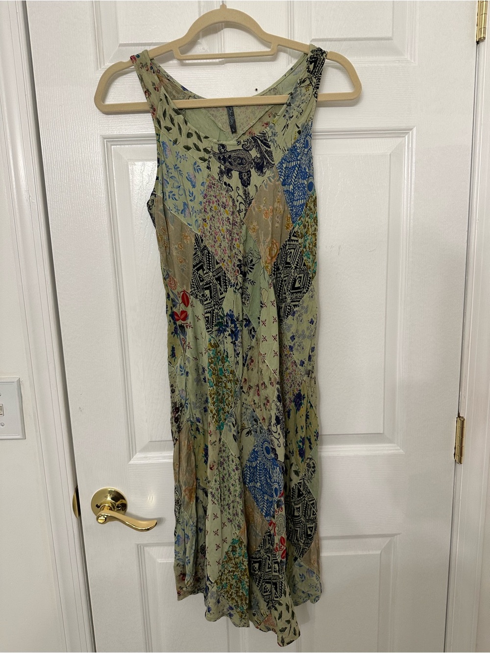 Blue Sky Sage Green Patchwork Maxi Dress with Multicolor Floral Accents